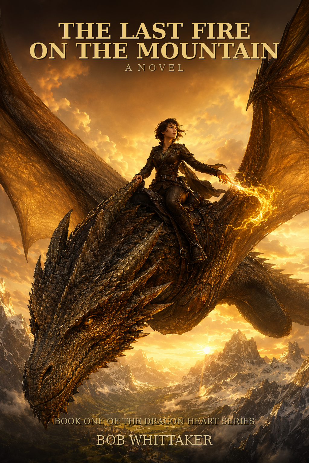 The Last Fire on the Mountain — Book cover featuring a dragon rider soaring over mountains at sunset
